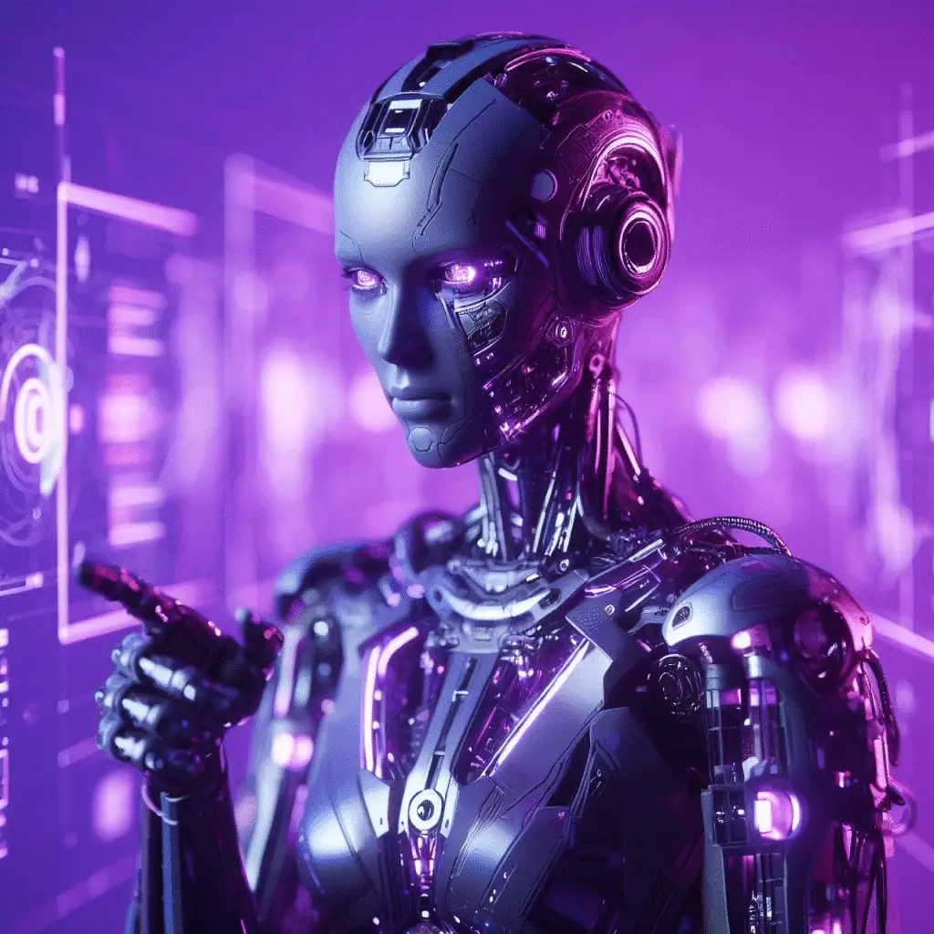 Humanoidinis robotas violetinėje šviesoje rodo ranka į permatomus sąsajos langus